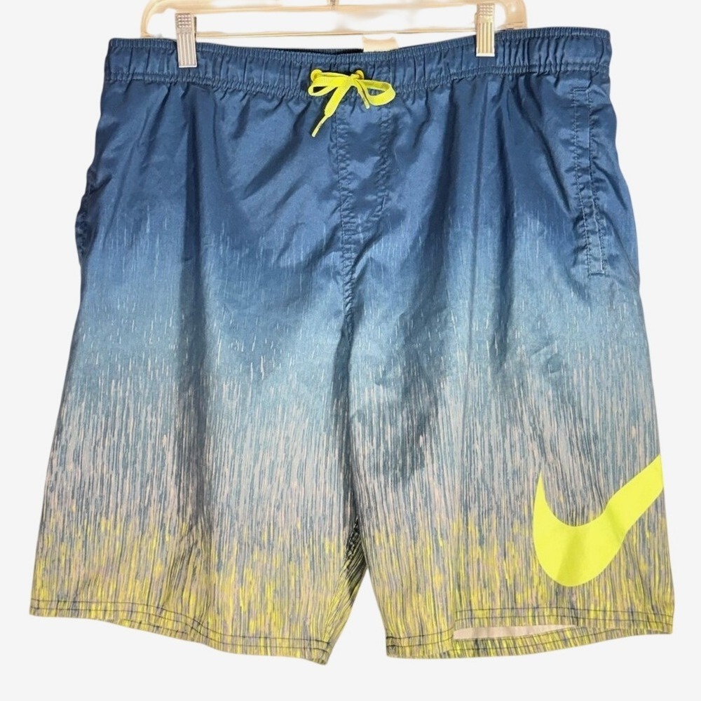 NIke Blue Fade Rain Swim Shorts Neon Yellow size Large 9" inseam 38" waist